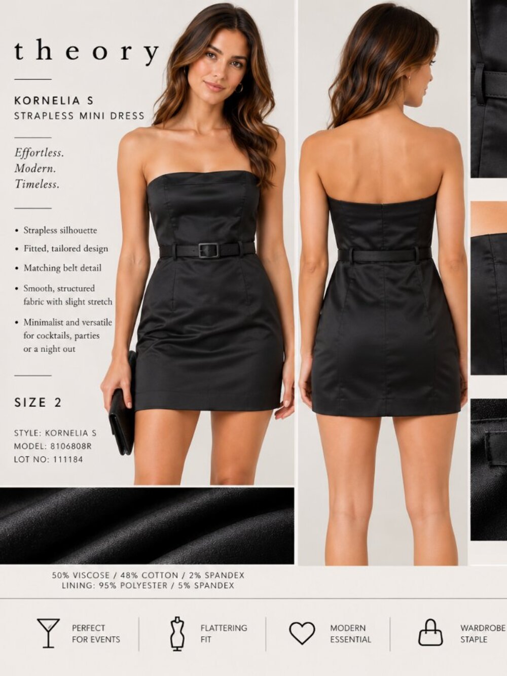 Theory Kornelia S Black Strapless Mini Dress Belted Size 2 NWOT